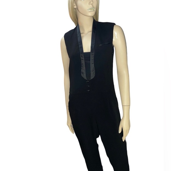 Maje Jumpsuit Elfie Tuxedo Plunging V Neck Black Satin Trim - Picture 7 of 14